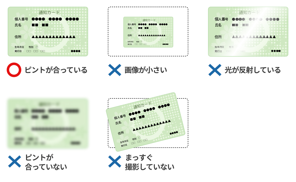 正しい例は「ピントが合っている」。正しくない例は「画像が小さい」「光が反射している」「ピントが合っていない」「まっすぐ撮影していない」